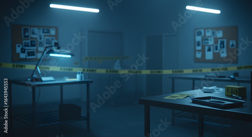 Crime scene investigation forensic evidence detective work crime scene tape police investigation lab room