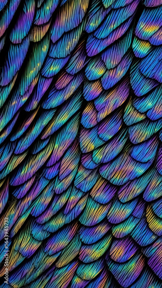 Obraz premium Iridescent Feather Pattern with Vibrant Colors and Detailed Texture Abstract Design Background
