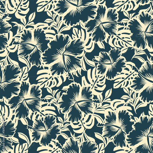 Hand drawn hibiscus flower on foliage leaf texture background monochrome seamless pattern