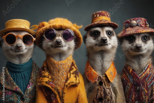 Four stylish meerkats dressed in unique outfits for a fashion-themed gathering indoors