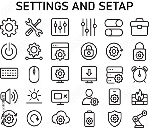 Collection of outline icons representing settings configuration and system setup options