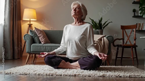 Senior woman practicing meditation at home for mindful relaxation and peaceful wellness