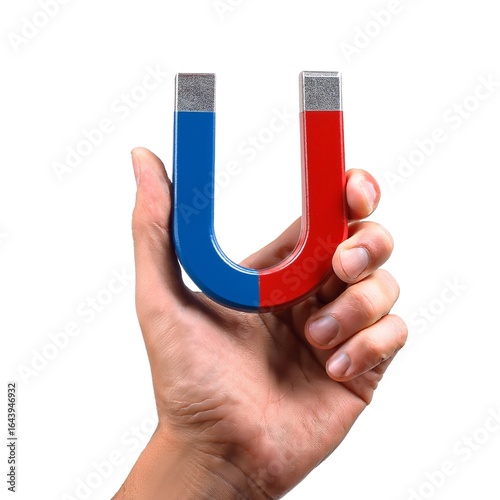 mano con iman, sostiene magneto aislado, fondo blanco