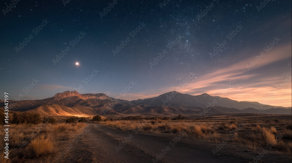 Desert Landscape at Twilight with Stars in the Night Sky Desert Landscape at Twilight with Stars in the Night Sky