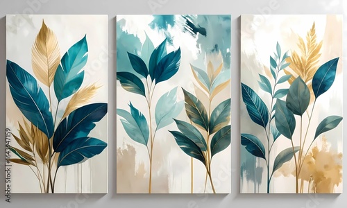 Abstract Botanical Triptych Painting with Teal, Gold, and White Leaves, Modern and Elegant Nature-Inspired Watercolor Art Print Set with Textured Brushstrokes on Canvas