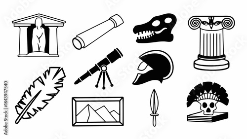 Archaeology and history vector icons set including ancient artifacts and cultural symbols for education use