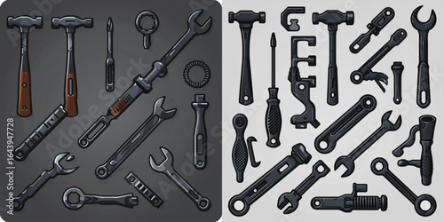 Collection of various hand tools arranged on contrasting backgrounds  