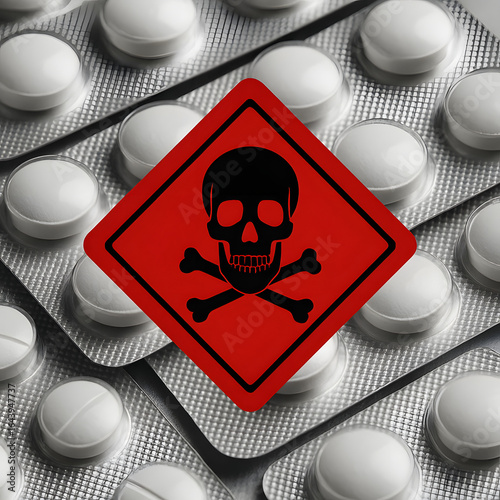 Close-up of red danger sign with skull and crossbones over blister packs of white tablets symbolizing medicine risk and potential danger. Concept of health, safety and pharmaceutical hazards
