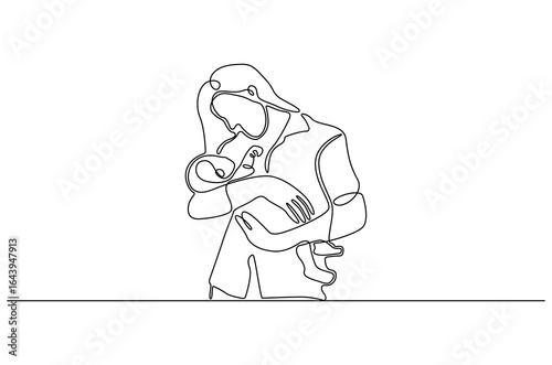 Continuous one line drawing of Woman with newborn baby. Single line drawing illustration of Loving mother hugs her little baby. Embracing Motherhood concept vector art. Doodle line illustration.