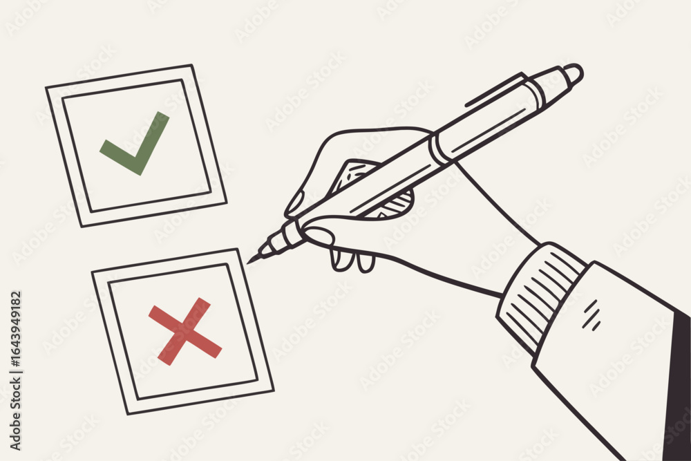Naklejka premium Making a choice between correct and incorrect options, Hand with a pen marking a checkbox, Doodle style vector illustration - Generative AI 