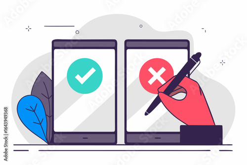Choosing between approve and reject options on a mobile app, Digital decision making concept, Modern flat vector illustration - Generative AI
