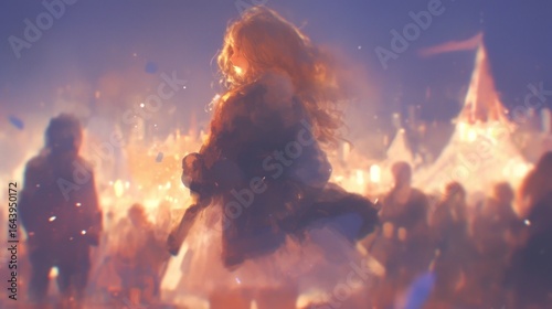 Crowd gathers at dusk, glowing with warm light, figure central
