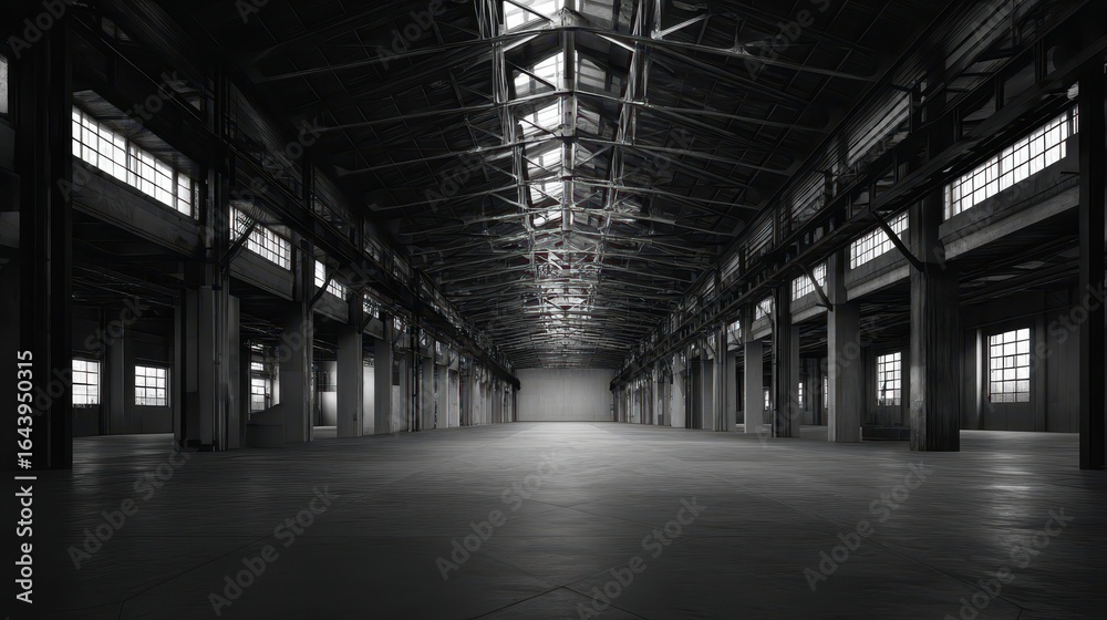 Naklejka premium Vast Empty Warehouse with Tall Steel Ceilings and Open Space