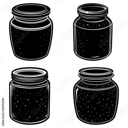 Illustration of four mason jars filled with dark liquid and white specks on a white background