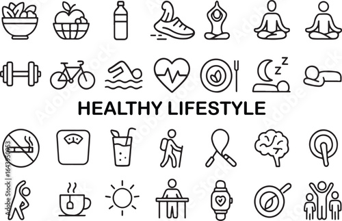 Collection of healthy lifestyle icons representing fitness nutrition and well being in a clean outline style
