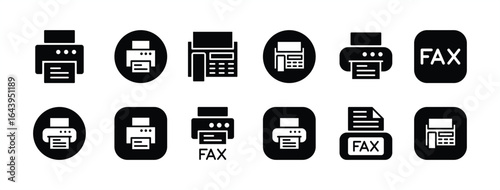 Printer icon vector set. Contains print, fax, office contact, document button, copy text, printout, paper page, printing machine technology, inkjet. Illustration