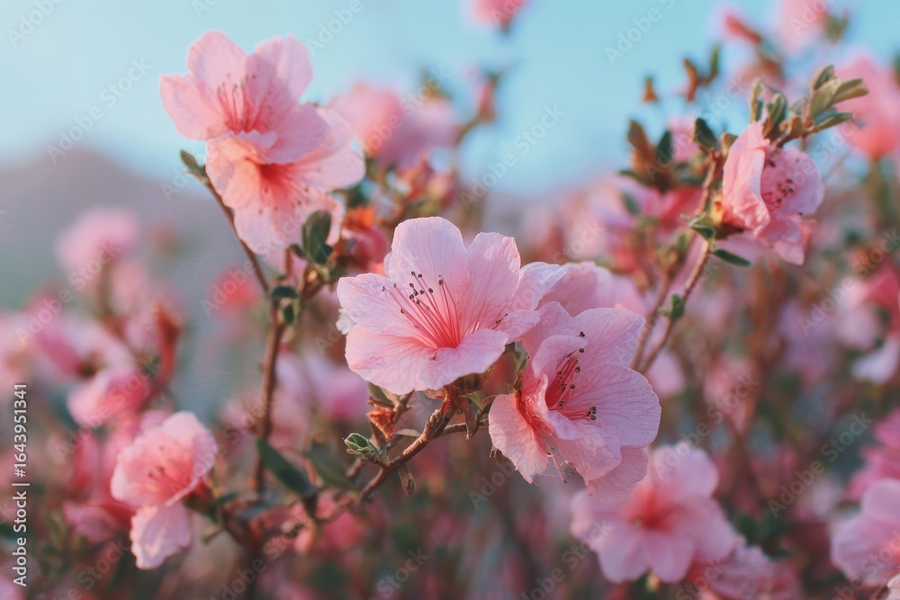 Obraz premium Beautiful blooming pink azalea flowers in a garden during springtime with soft sunlight