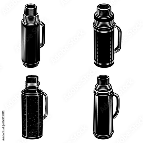 Four black and white illustrations of thermos bottles with handles in a square arrangement