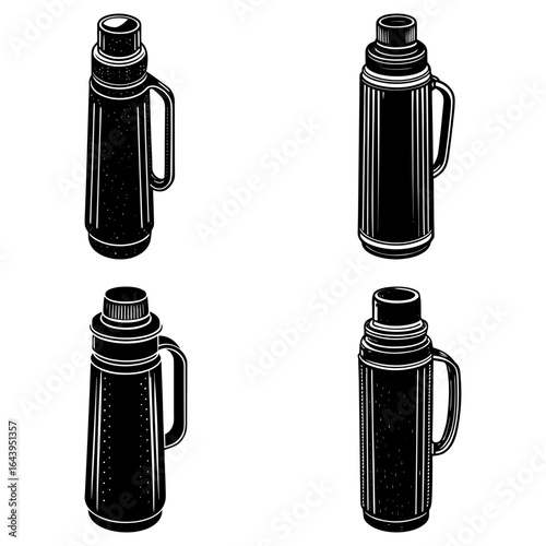 Four black and white illustrations of thermos bottles with handles in various orientations and styles