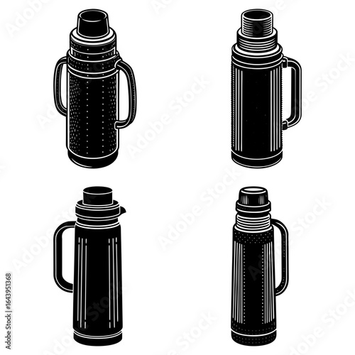 Illustration showing four different styles of thermos bottles with handles in black and white drawing style