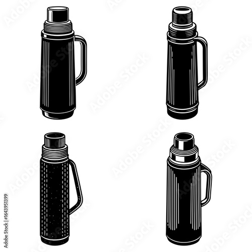 Four vintage thermos bottles with handles in a black and white illustration style on a white background