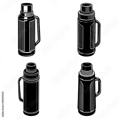 Four black and white illustrations of vintage thermos bottles with handles on a white background