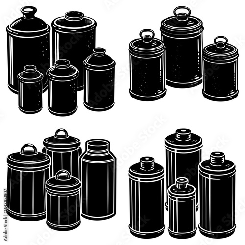 Illustration of various black metal canisters with lids and handles in different shapes and sizes arranged in groups
