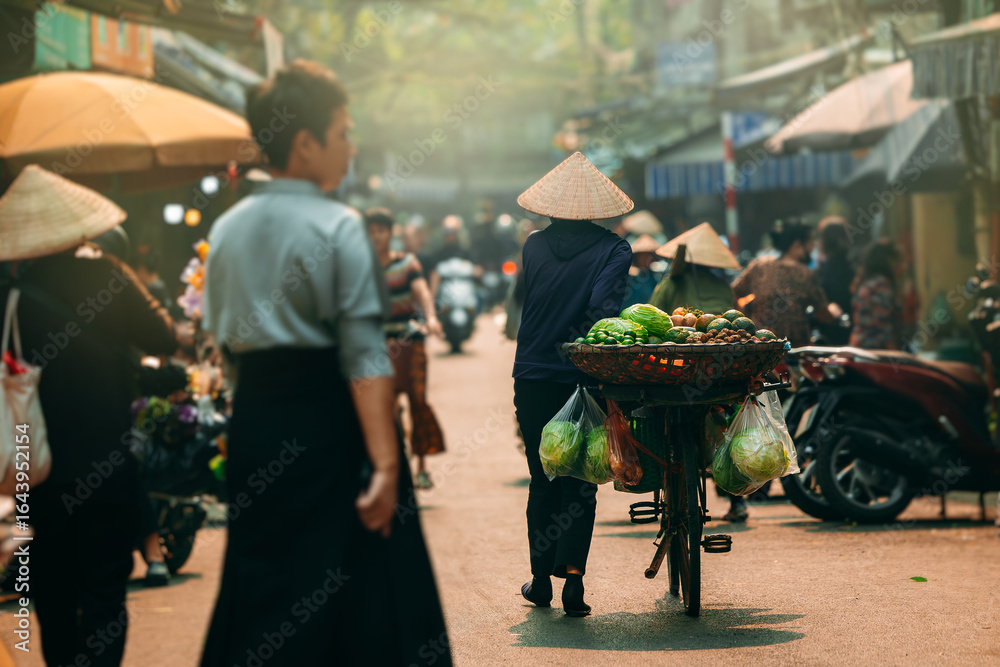 Obraz premium Travel lifestyle of Vietnam, Woman with bicycle with fruits going to market in Hanoi.