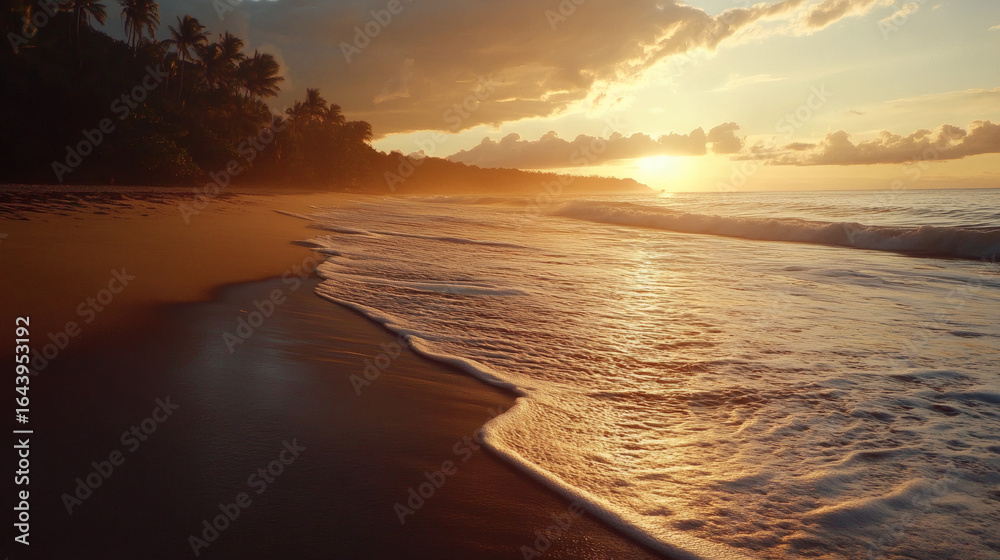 Obraz premium Golden hour sunset over a tropical beach.
