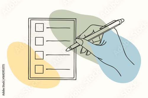 Hand with a pen ready to fill out a form or checklist, Data entry and planning concept, Line art vector illustration with abstract shapes - Generative AI
