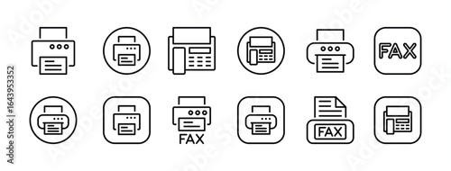 Printer thin line icon set. Contains office fax contact, print document button, copy text, printout, paper page, printing machine technology, inkjet. Vector illustration
