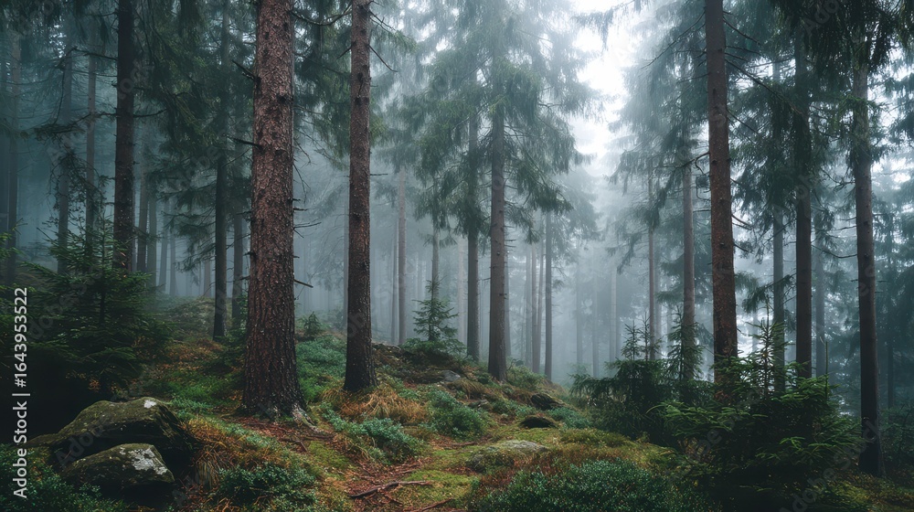 Fototapeta premium Foggy Morning in a Dense Forest Surrounded by Mystical Atmosphere
