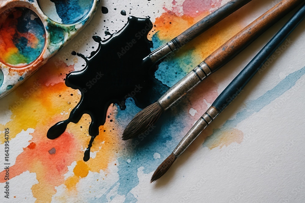 Fototapeta premium Paintbrushes And Watercolor Palette With Ink Spill For Art And Creativity