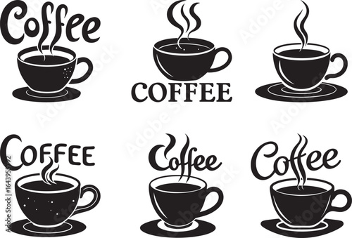 A set of coffee cup icons with various hot drinks like latte and cappuccino, perfect for cafe or restaurant designs