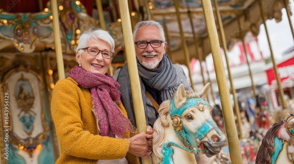 Obraz premium happy cheerful smiling senior couple holding hands together and playing on horse carousel ride at amusement park elderly couple having fun at the theme park people tourist and holiday concept no logo