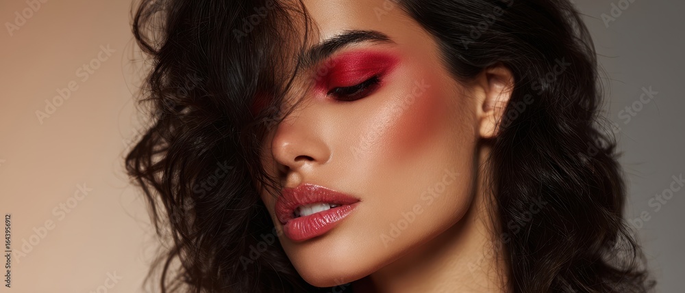 Fototapeta premium The Glamorous Portrait of a Woman with Bold Red Makeup