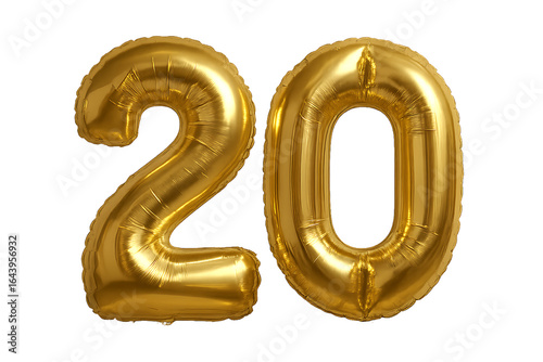 Gold Number 20 Balloon on Transparent Background Isolated Celebration Mockup