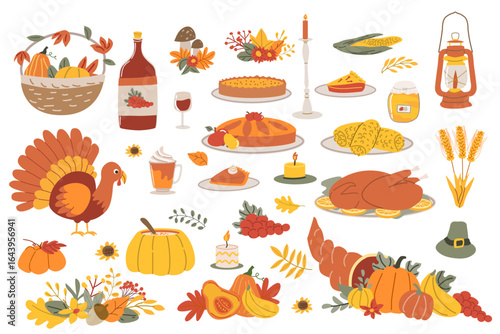Thanksgiving feast elements with turkey, pumpkin, corn, pie, pumpkin latte, soup and autumn decorations. Happy Thanksgiving. Vector illustration. Set of icons for thanksgiving party and cards.
