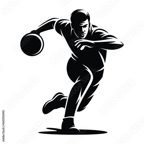 Dynamic bowler silhouette mid throw sports action pose tournament poster logo black vector isolated on white