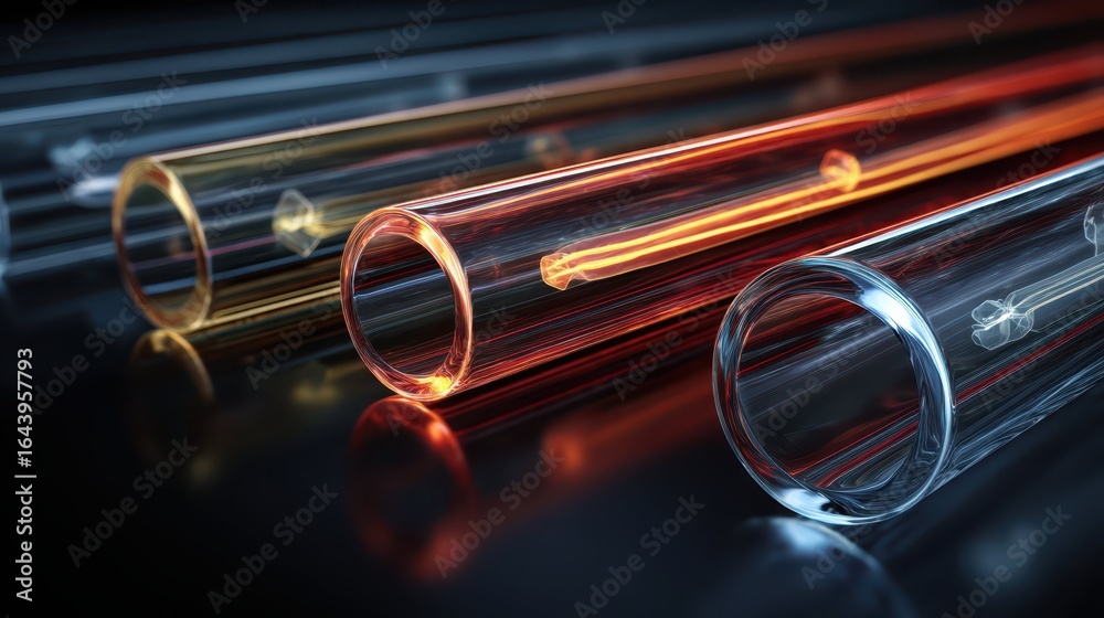 Naklejka premium Glowing Transparent Pipes with Liquid Inside on Dark Background