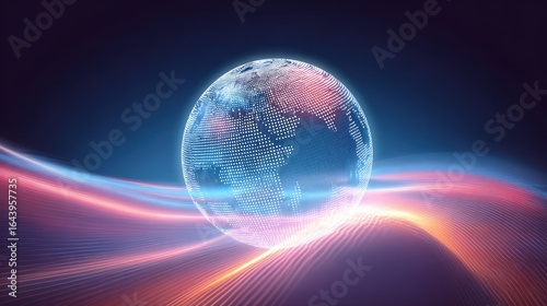 Digital Globe with Light Waves - A stylized digital representation of the Earth surrounded by colorful light waves. This image conveys a sense of global connectivity and technology.