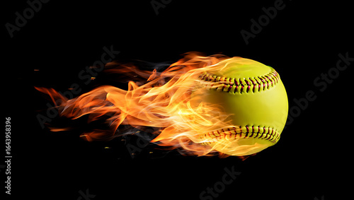 Burning Softball Speed and Power Yellow Softball in Flames Against Black Background Concept for Fast Pitch Sport