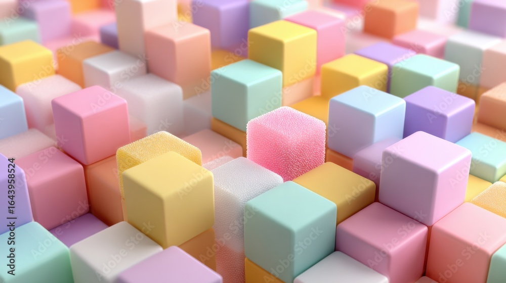Obraz premium A variety of soft foam blocks in pastel colors are artfully arranged, creating a vibrant and playful atmosphere. The blocks showcase different shapes and textures, inviting creativity
