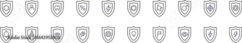 Shield Related Outline Image Set. Contains Icons of Items in Armor for Graphic Design, Web Sites, Cards, Books, Articles