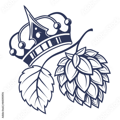 A crown with hop plant and leaf, isolated on white background, representing royalty and brewing tradition