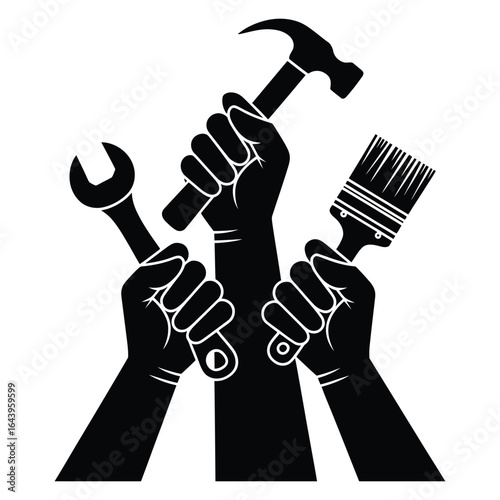 Silhouette of hands holding tools high in the air wrench hammer paintbrush unity in labor black vector isolated on white background