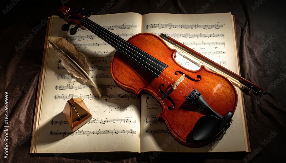 Fototapeta premium Violin on Sheet Music with Quaint Accessories and Warm Lighting