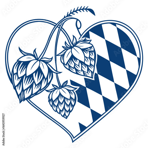 Heart with bavarian diamond pattern and hop branch isolated on white background