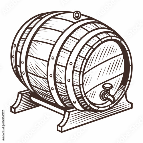 Illustration of a classic wooden barrel with a tap, ideal for storing wine, beer, or other aged spirits, isolated on white background