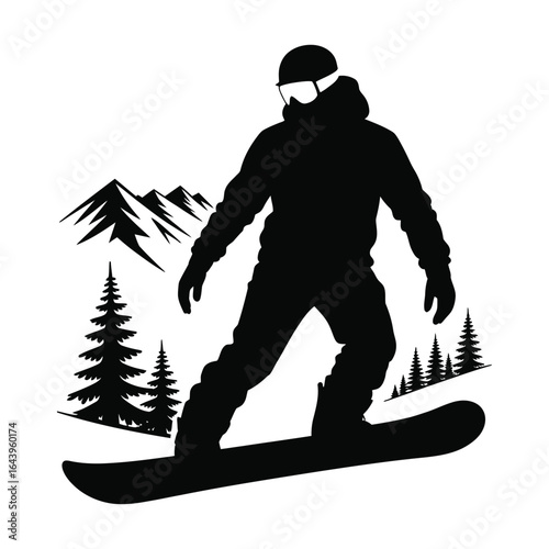 Snowboarder and mountain landscape silhouette winter adventure sports scene black vector isolated on white